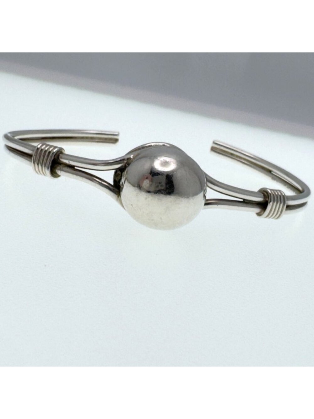 Mexican Sterling Silver 925 Double Cable Cuff Bracelet 6” Center Orb Vintage